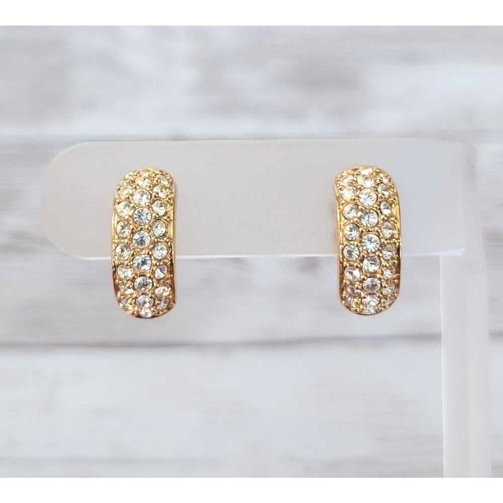 Vintage Swarovski Clip On Earrings Statement Gold Tone & Clear Crystal